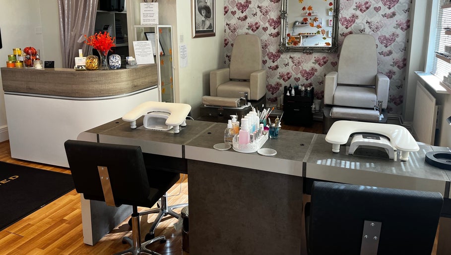 Stylish nail salon interior at Totally Polished Beauty & Nails, Drighlington, England, GB.