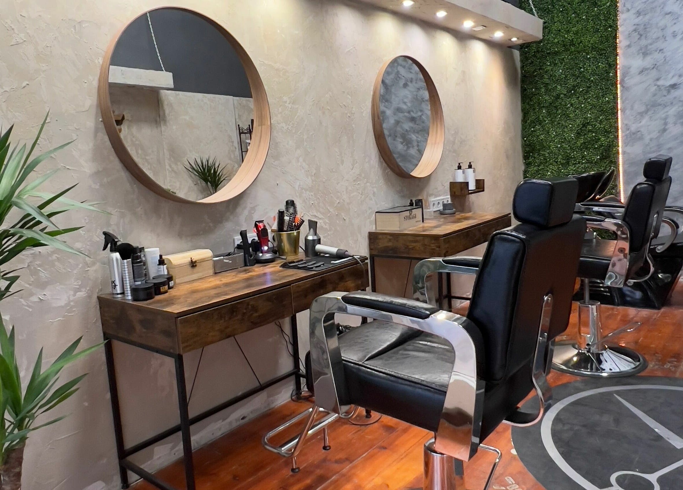 Modern barber chairs and setup at Gents of Budapest (VI.ker), Budapest, Magyar, HU.