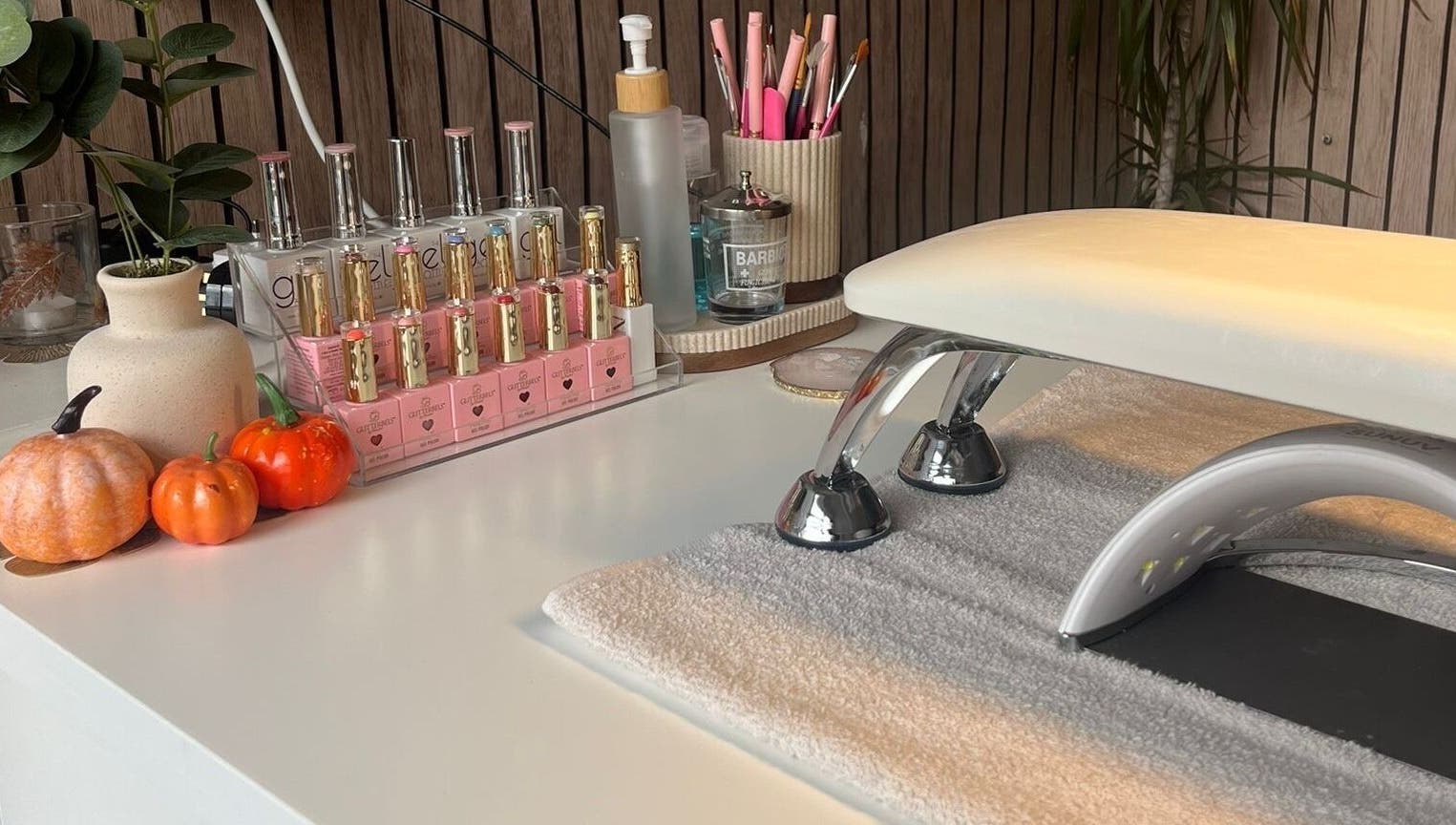 Nail station at Kate & Lil at Bella Vida, Ormskirk, England, GB with polish and decor.