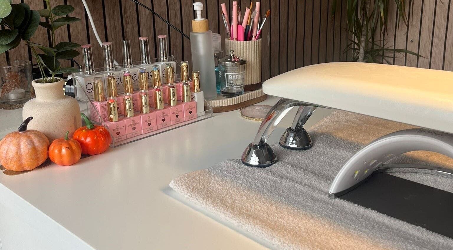 Nail station at Kate & Lil at Bella Vida, Ormskirk, England, GB with polish and decor.
