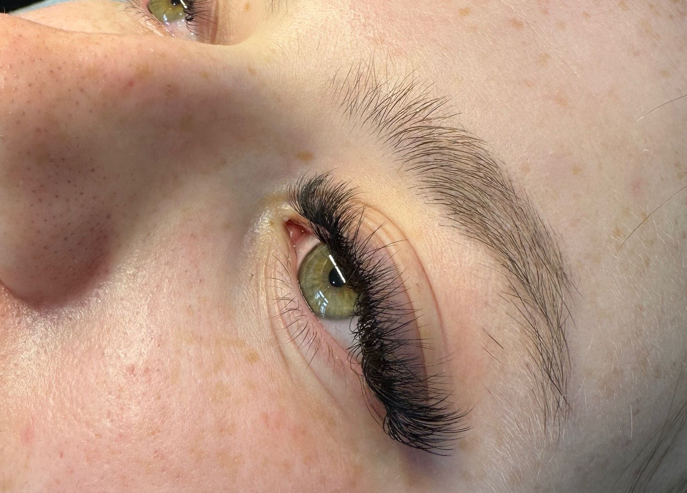 Close-up of expertly done eyelash extensions at Kate & Lil at Bella Vida, Ormskirk, England, GB.
