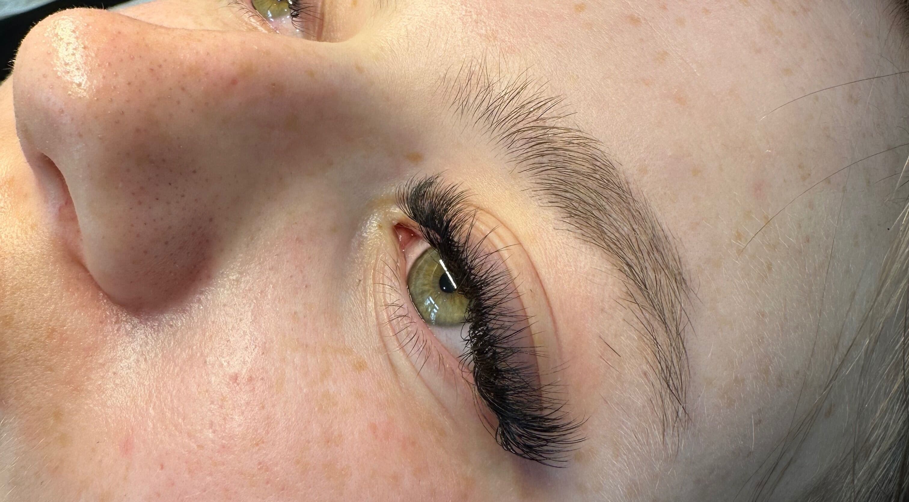 Close-up of expertly done eyelash extensions at Kate & Lil at Bella Vida, Ormskirk, England, GB.