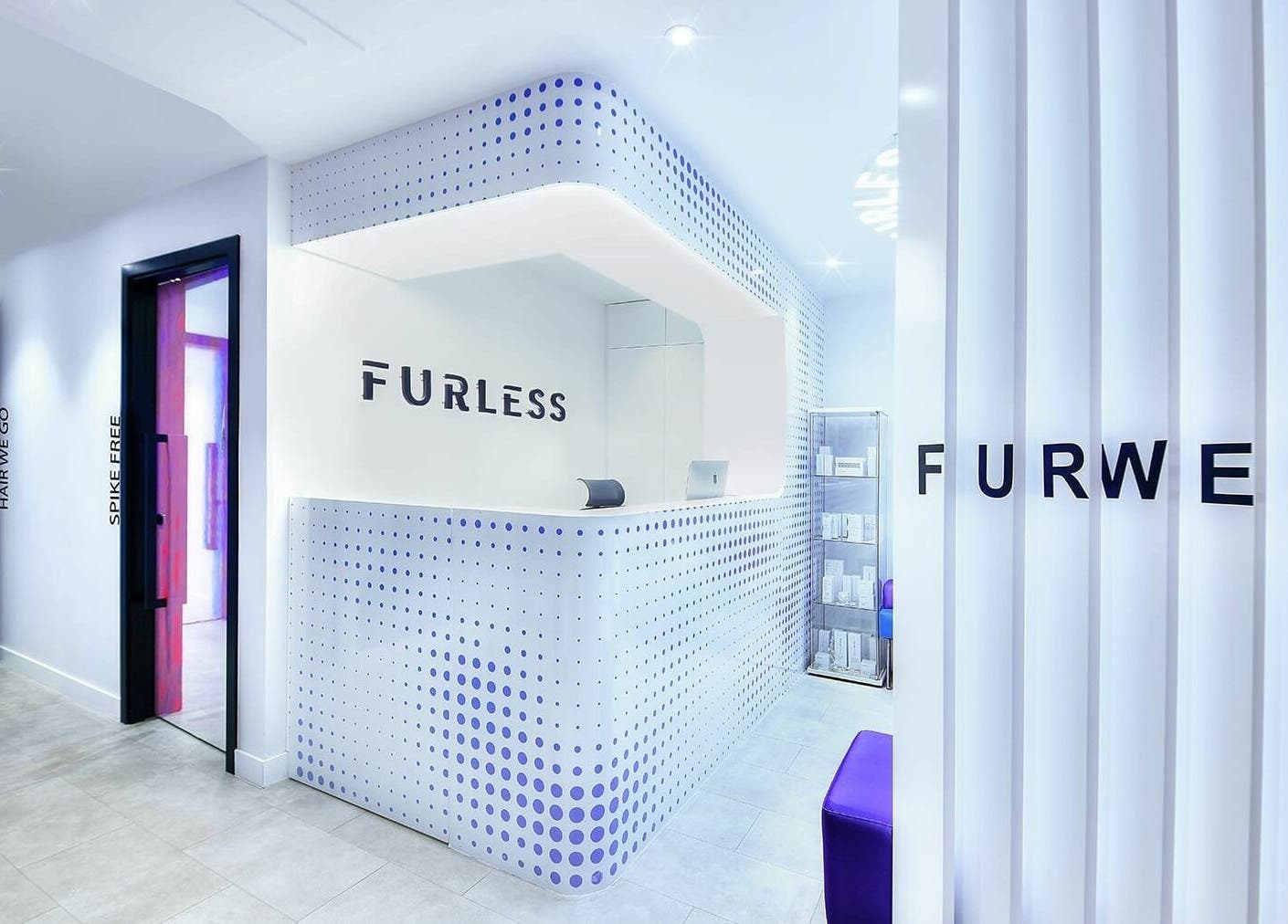 Reception at Furless Permanent Coca Cola Arena, SZR Dubai, AE features modern design for electrolysis services.