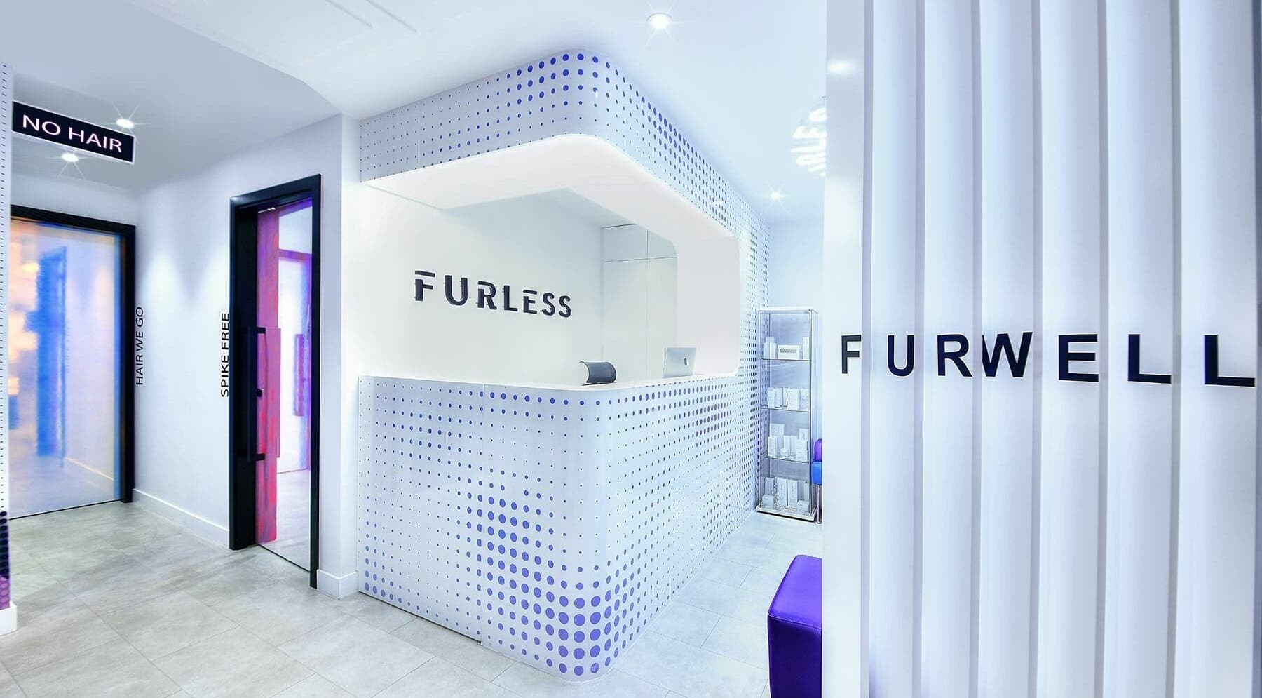 Reception at Furless Permanent Coca Cola Arena, SZR Dubai, AE features modern design for electrolysis services.