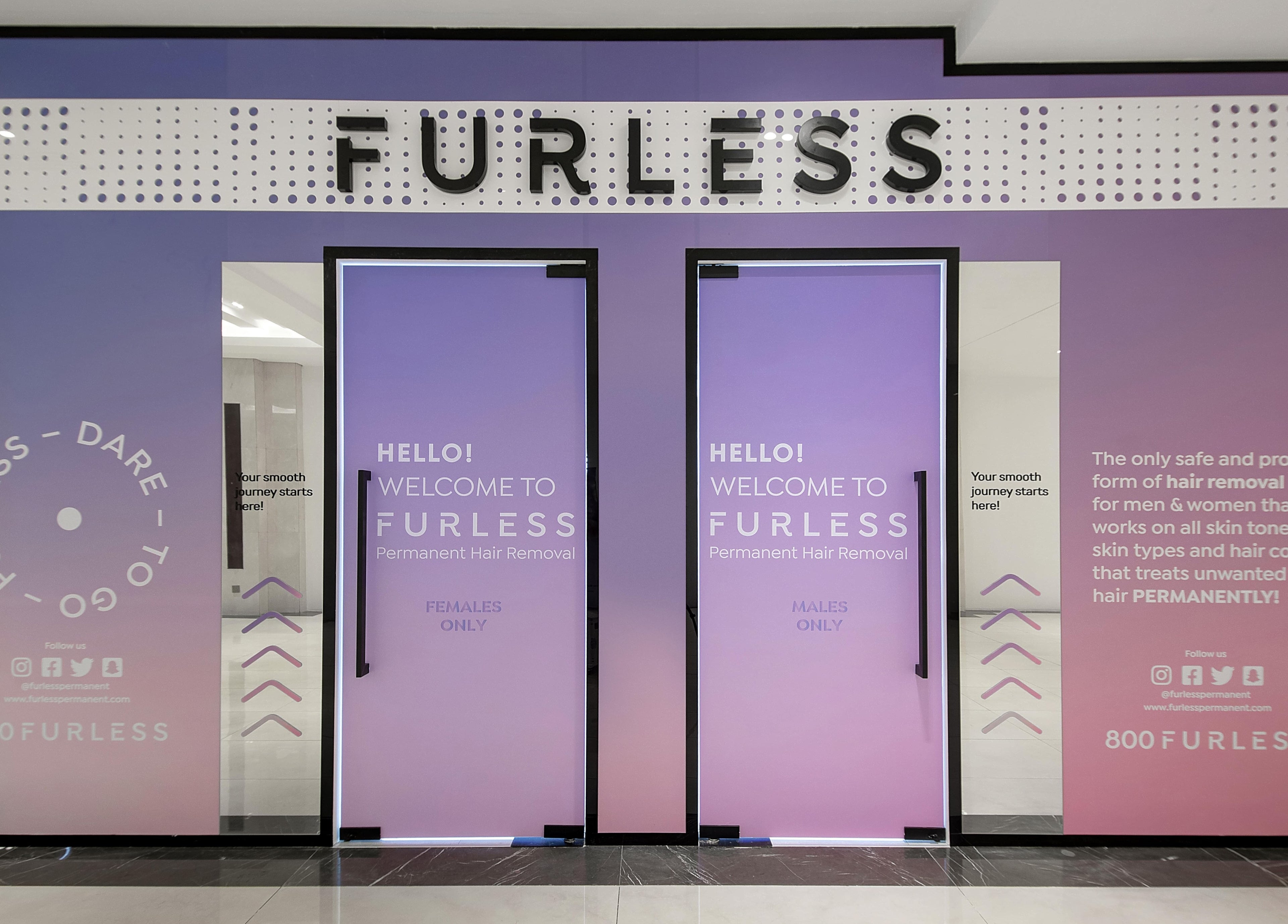 Entrance of Furless Permanent Rabdan Mall, Abu Dhabi showcasing their electrolysis services.