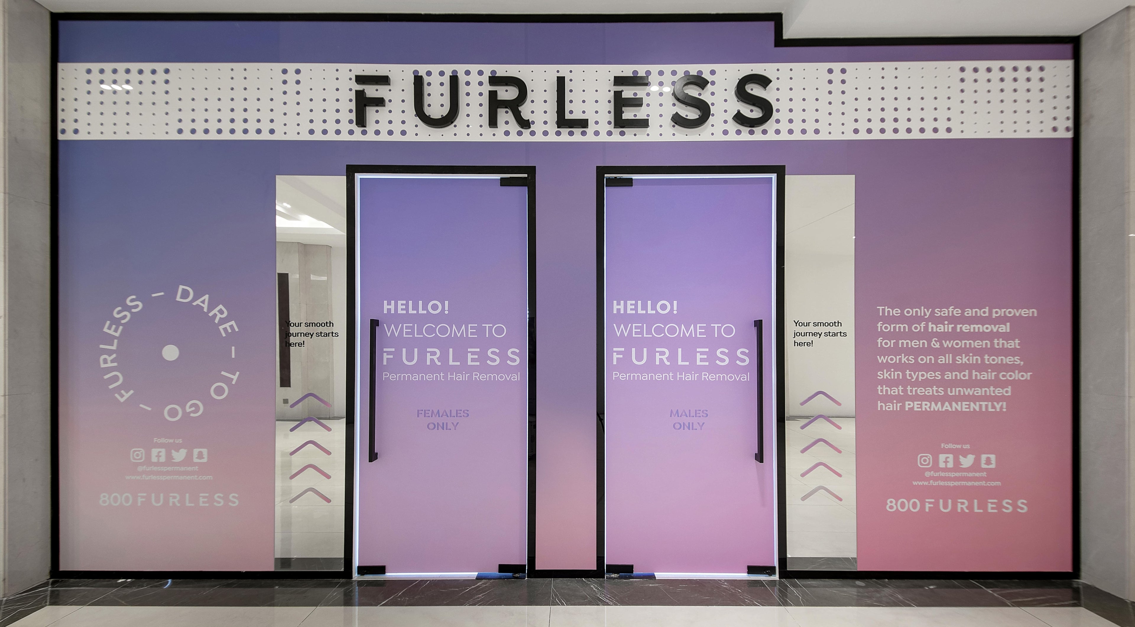 Entrance of Furless Permanent Rabdan Mall, Abu Dhabi showcasing their electrolysis services.