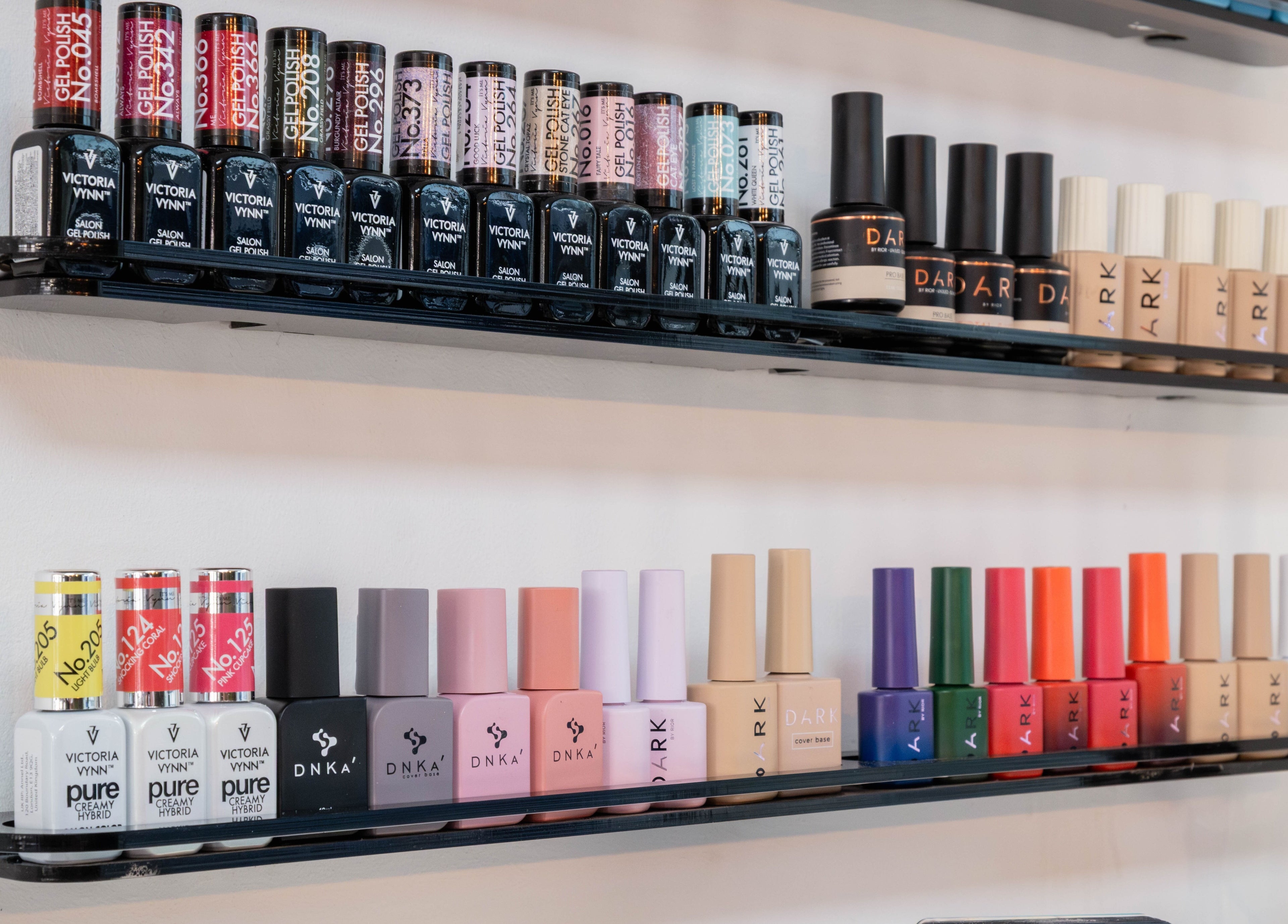 Colorful nail polish collection at Viktoria Pereviazko Professional Nails Artist, London, England, GB.