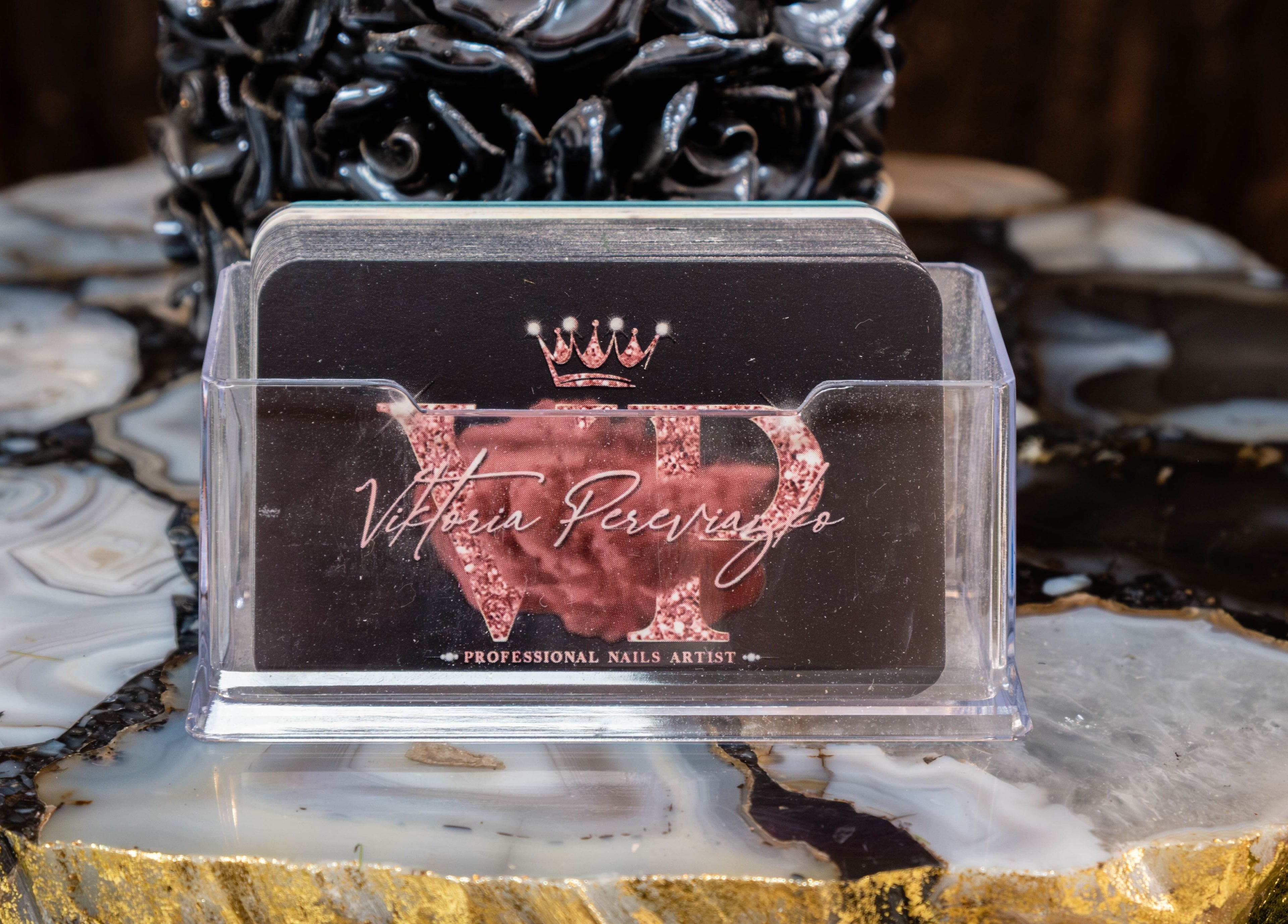 Elegant business cards for Viktoria Pereviazko Professional Nails Artist in London, England, GB.