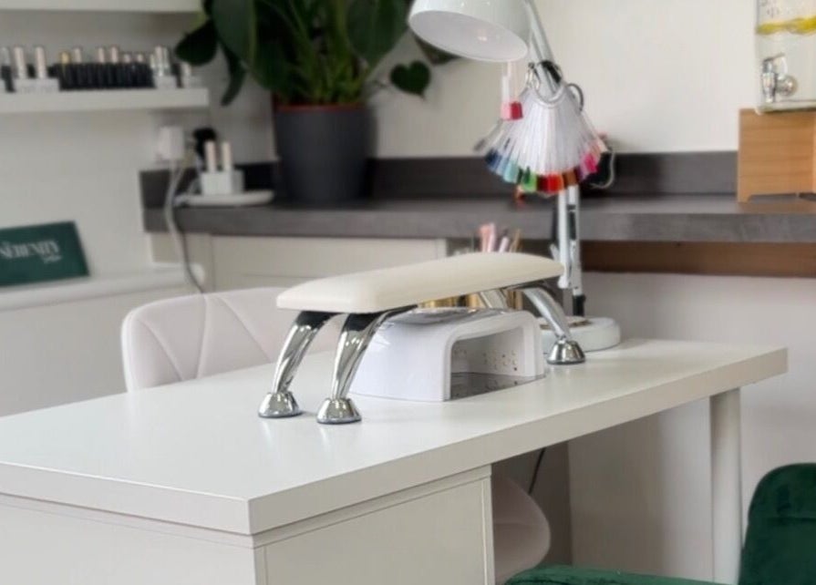 Elegant manicure station at The Serenity Salon, Fareham, England, GB. Modern and inviting decor.