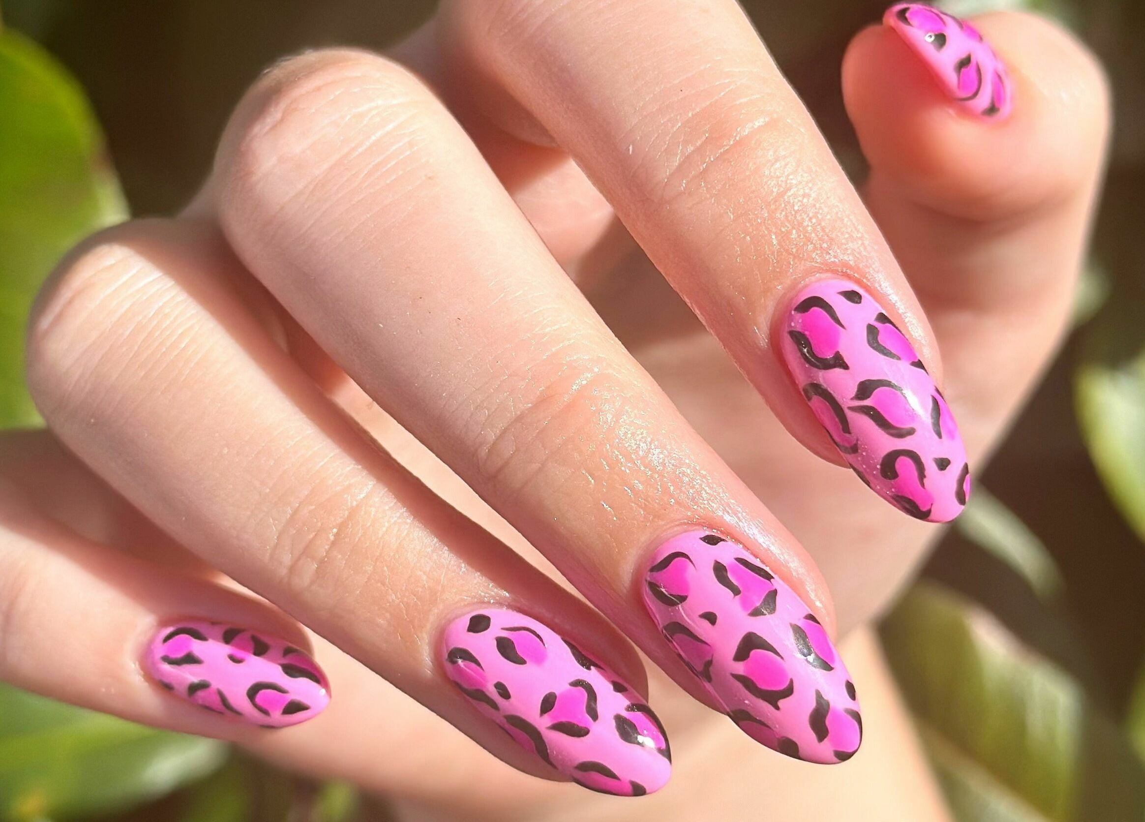 Elegant pink leopard print nail art from Nail Alley in Waipu, Northland, NZ.