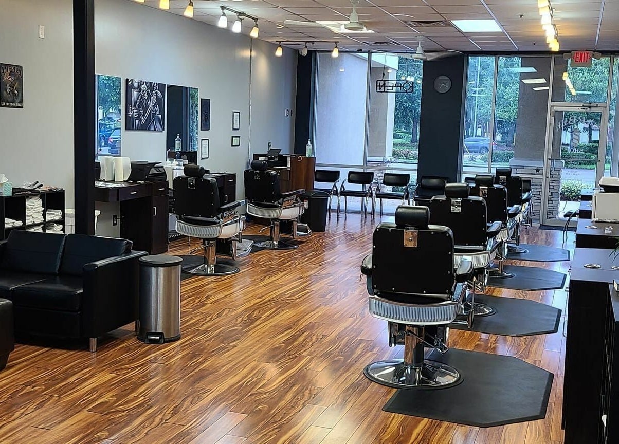 Modern barber chair setup at Blackbeard Barbering Company P.A, Fernandina Beach, Florida, US.