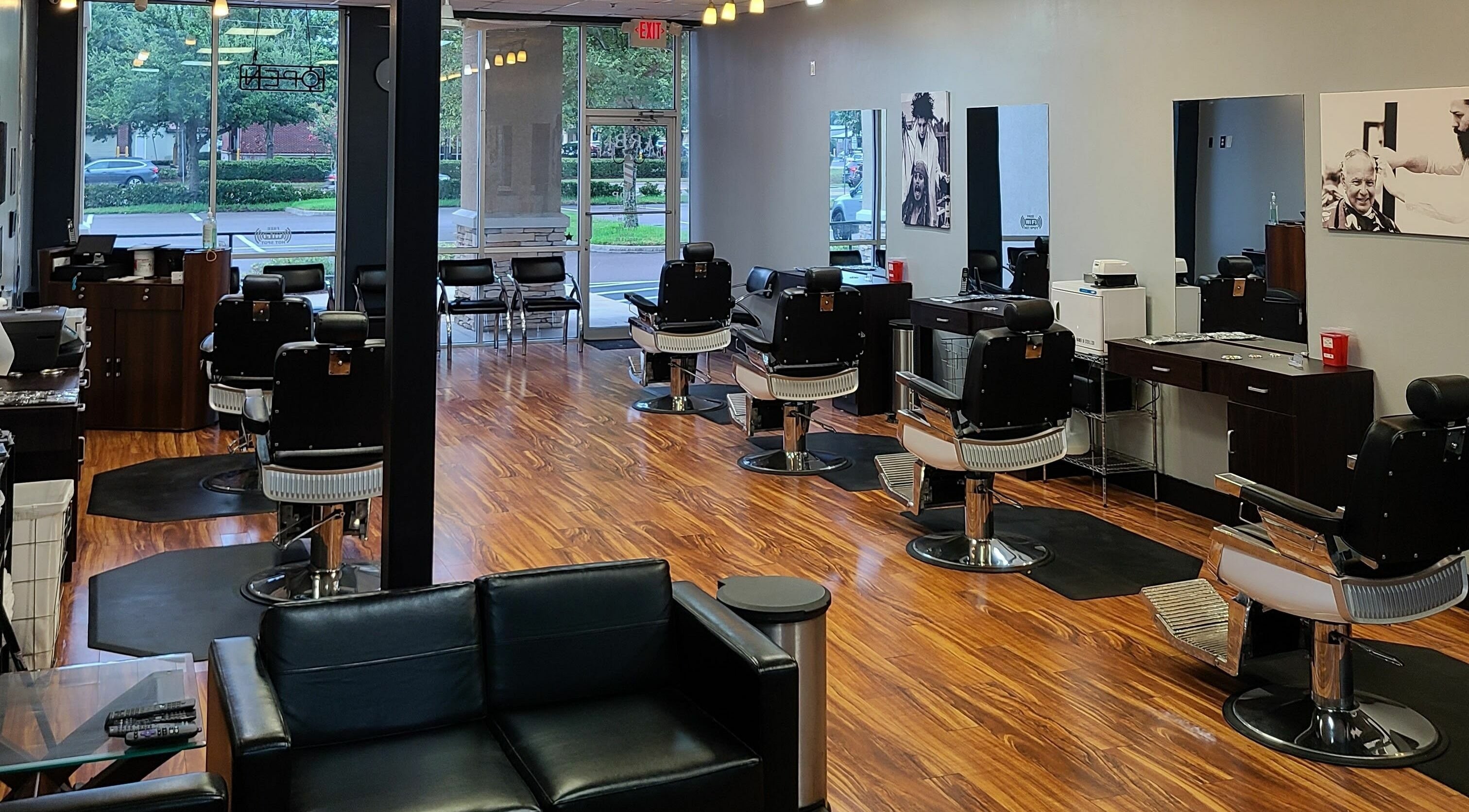 Interior of Blackbeard Barbering Company P.A in Fernandina Beach, Florida, featuring stylish barber chairs and decor.