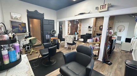 Modern styling chairs and salon setup at More Good Hair Days Salon, Forsyth, Georgia, US.