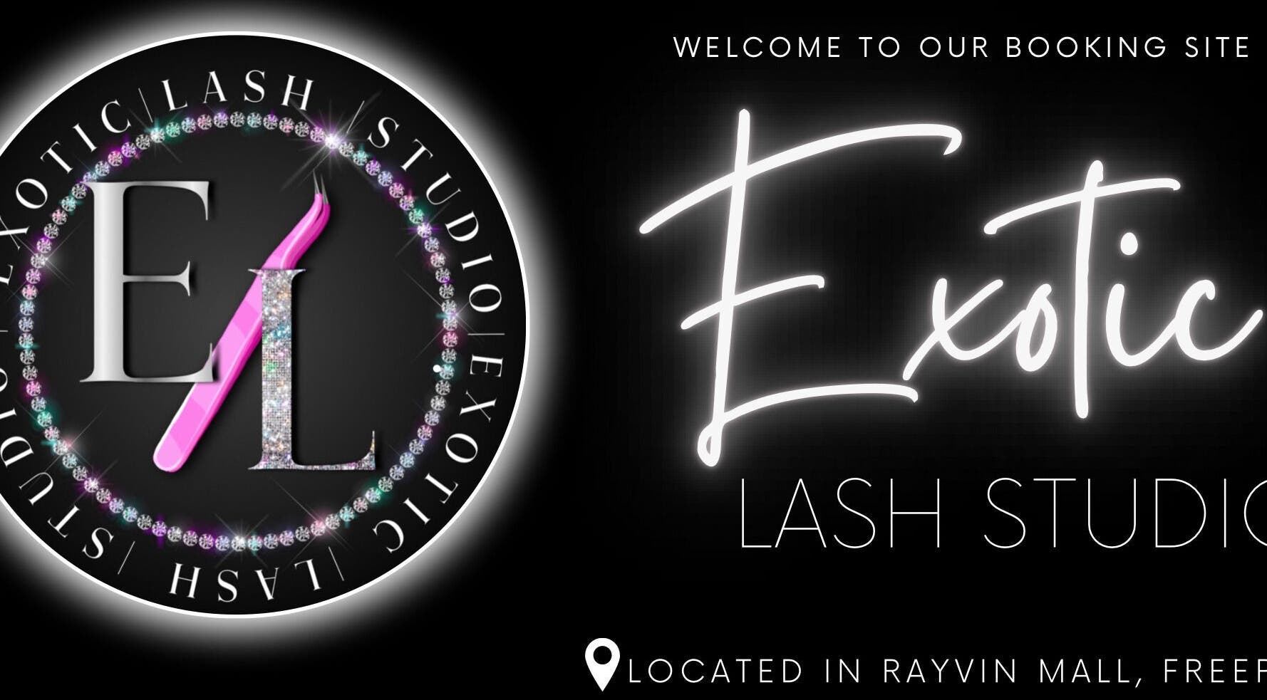 Exotic Lash Studio logo with neon text; beauty venue in Freeport, BS.