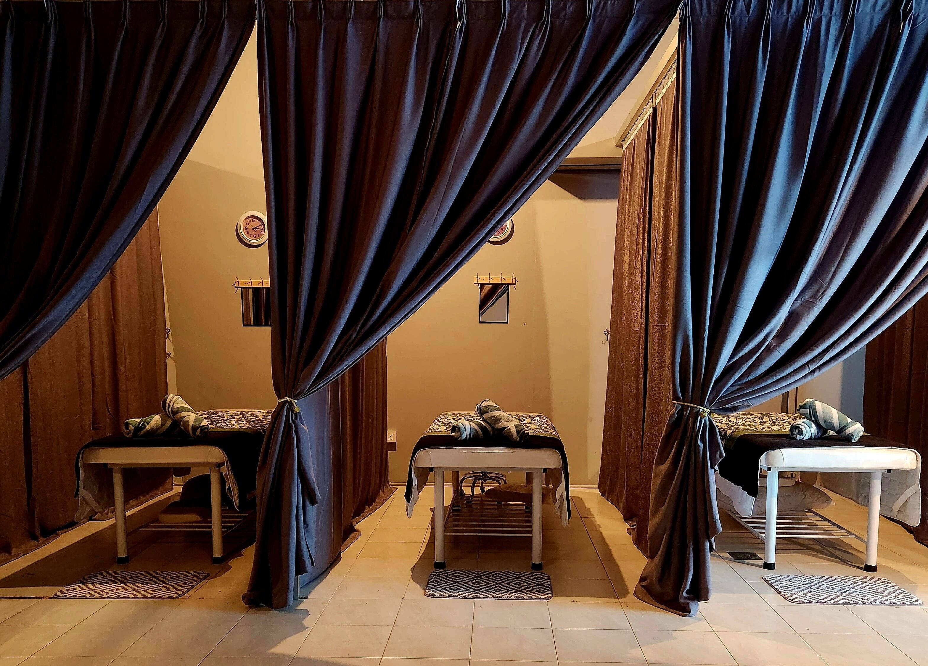 Private massage rooms at LAWA LAWA SPA @Larkin Sentral, Johor Bahru, Johor, MY with elegant draped curtains.