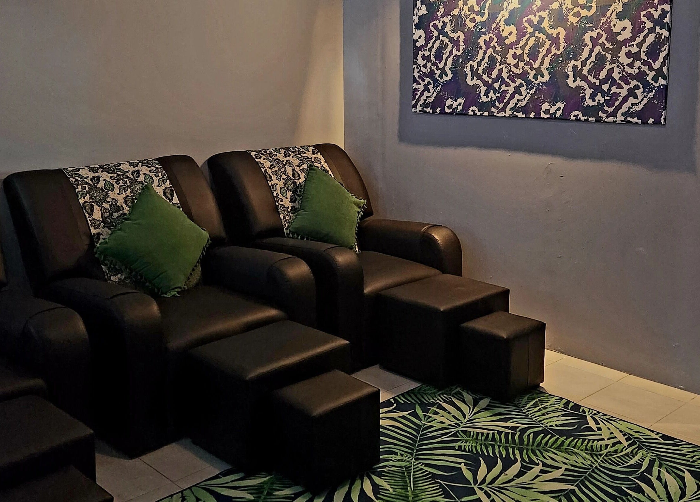 Cozy relaxation seats at LAWA LAWA SPA @Larkin Sentral, Johor Bahru, Johor, MY with decorative pillows and serene ambiance.