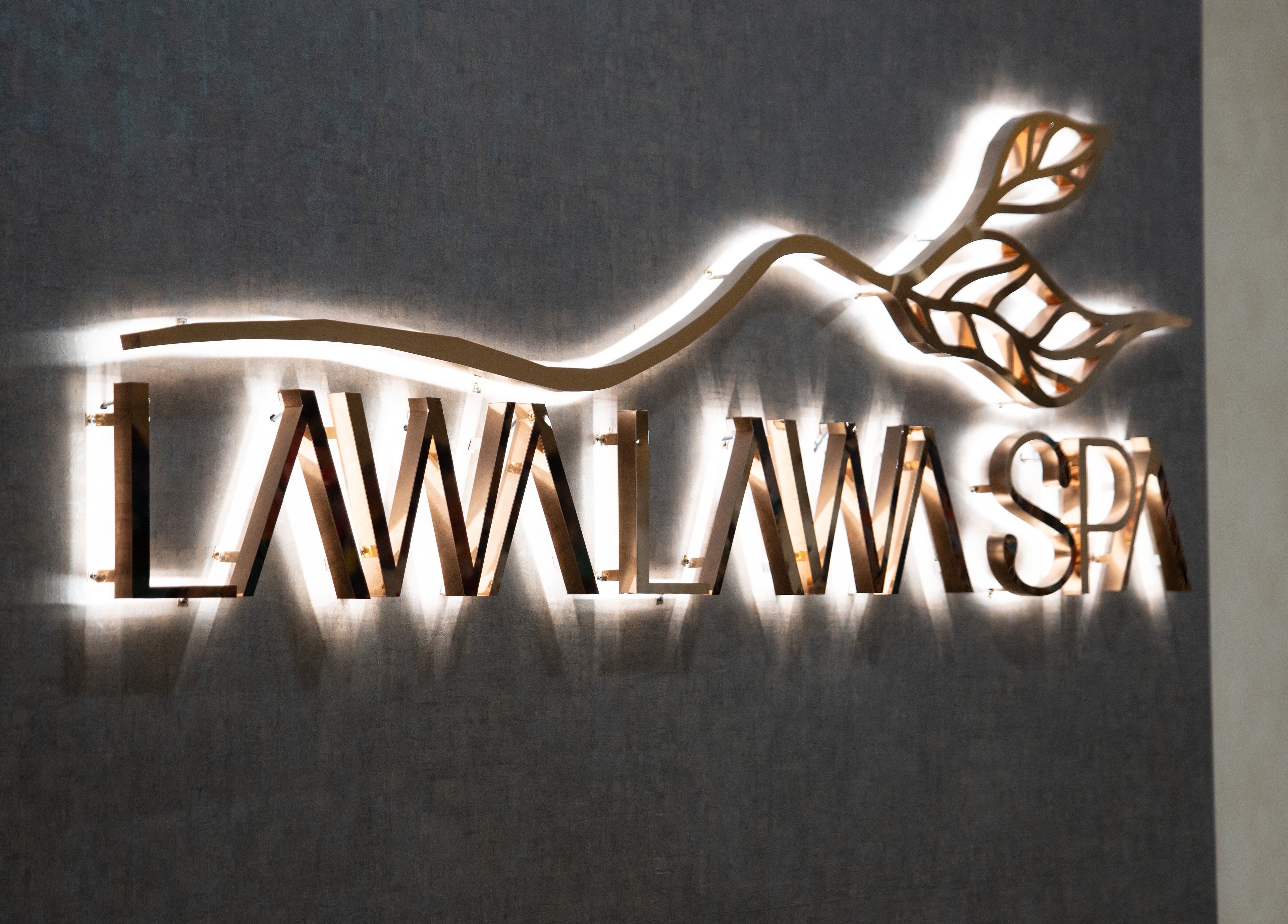 Illuminated logo of LAWA LAWA SPA @Komtar JBCC, Johor Bahru, Johor Darul Ta'zim, MY on elegant wall.