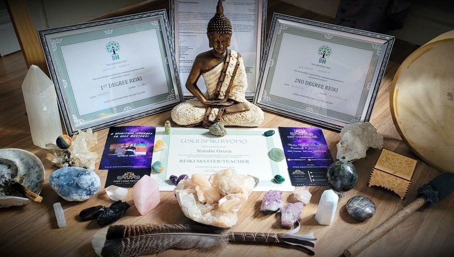 Reiki certificates and crystals at Deep Core Healing, Wakefield, England, GB enhancing spiritual ambiance.