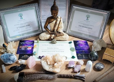 Reiki certificates and crystals at Deep Core Healing, Wakefield, England, GB enhancing spiritual ambiance.