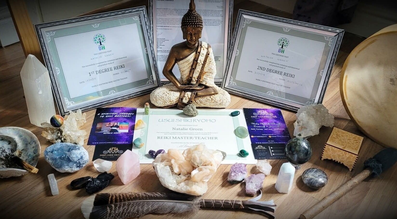 Reiki certificates and crystals at Deep Core Healing, Wakefield, England, GB enhancing spiritual ambiance.