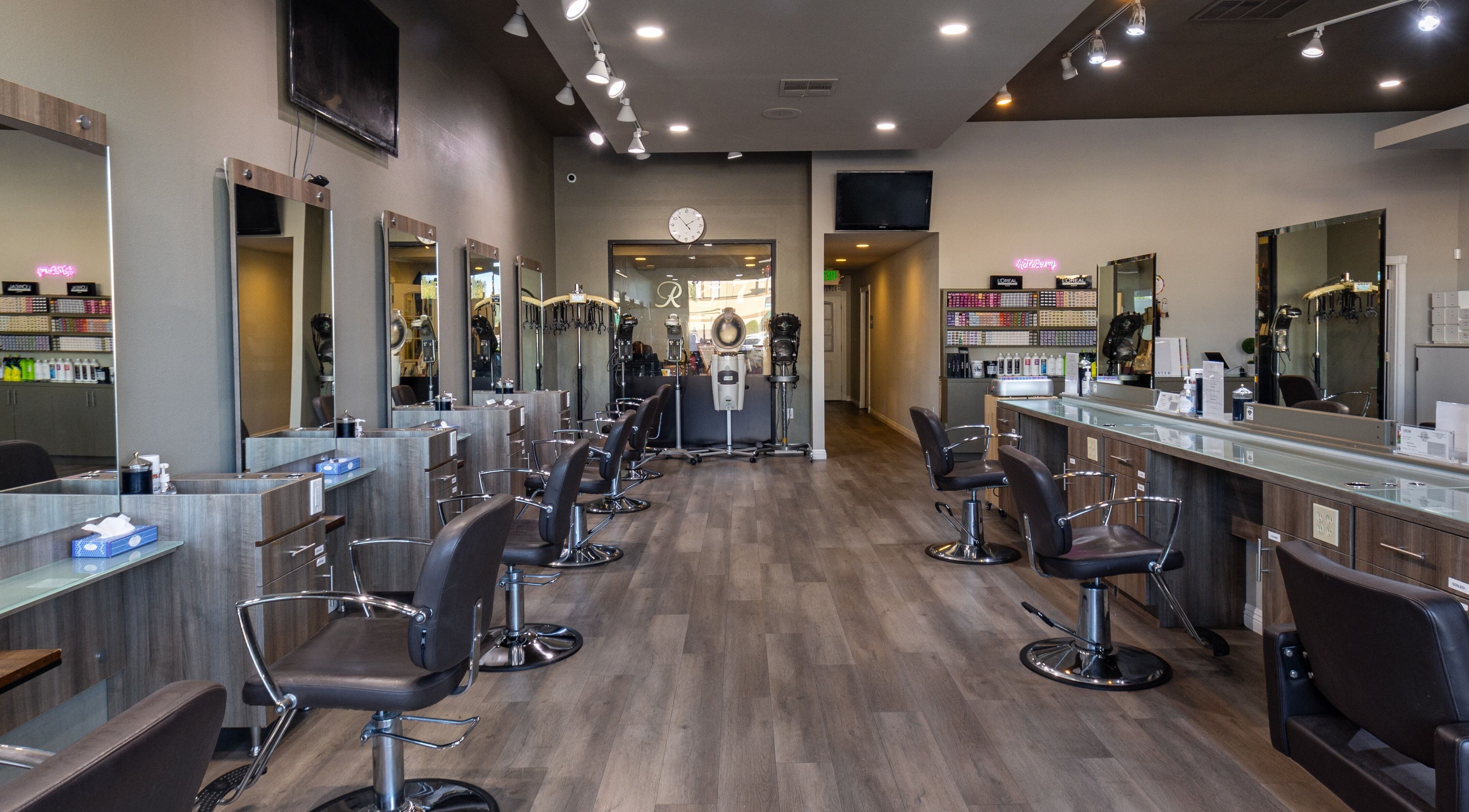 Elegant salon setup at RT7 Total Beauty Salon, Garden Grove, California, US, showcasing modern styling stations.