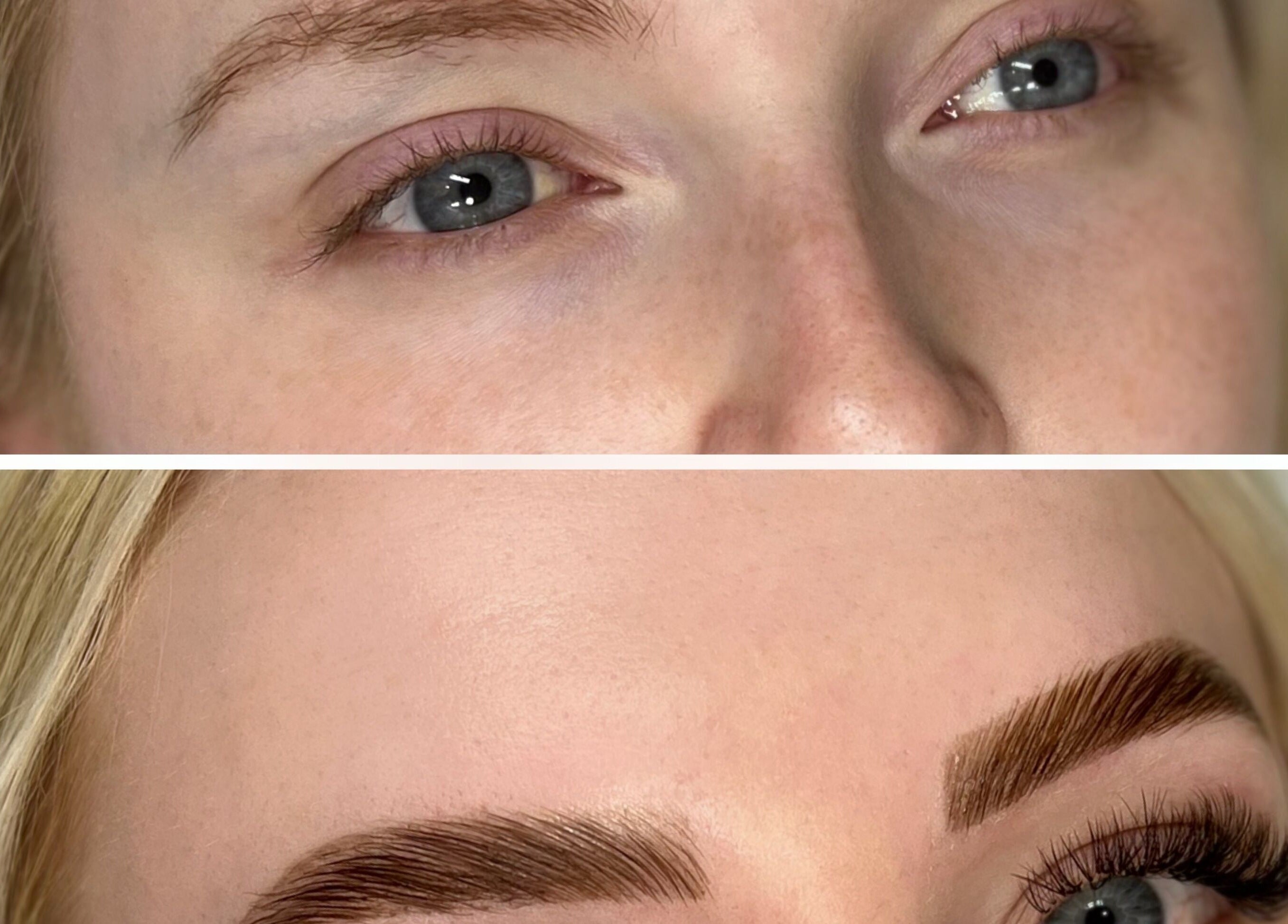 Before and after eyebrow styling at Connect Beauty, Brighton, England, GB featuring enhanced brow shape.