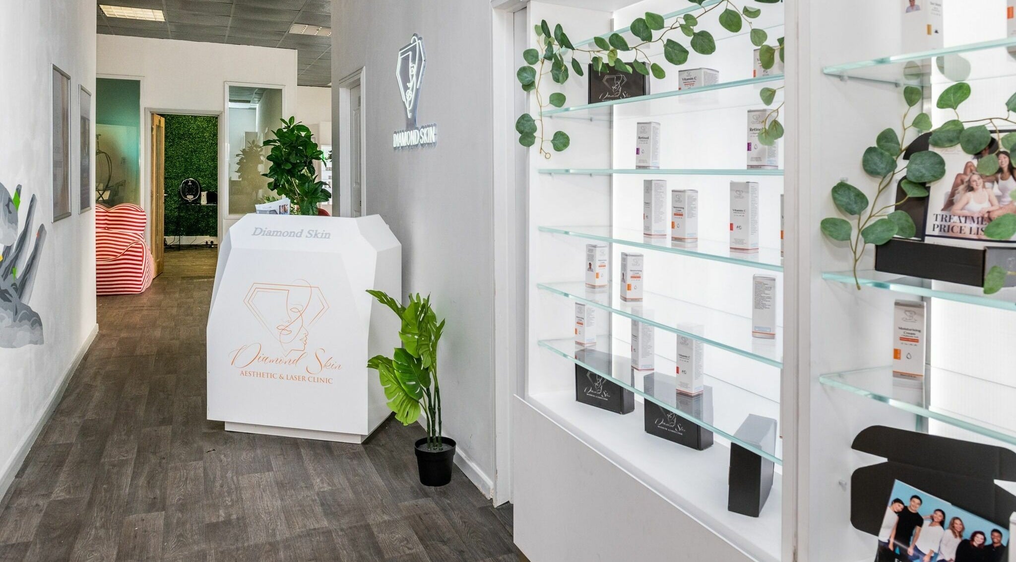 Modern reception area of Diamond Skin - Doctor Led Aesthetic and Laser Clinic, Wembley, England, GB.