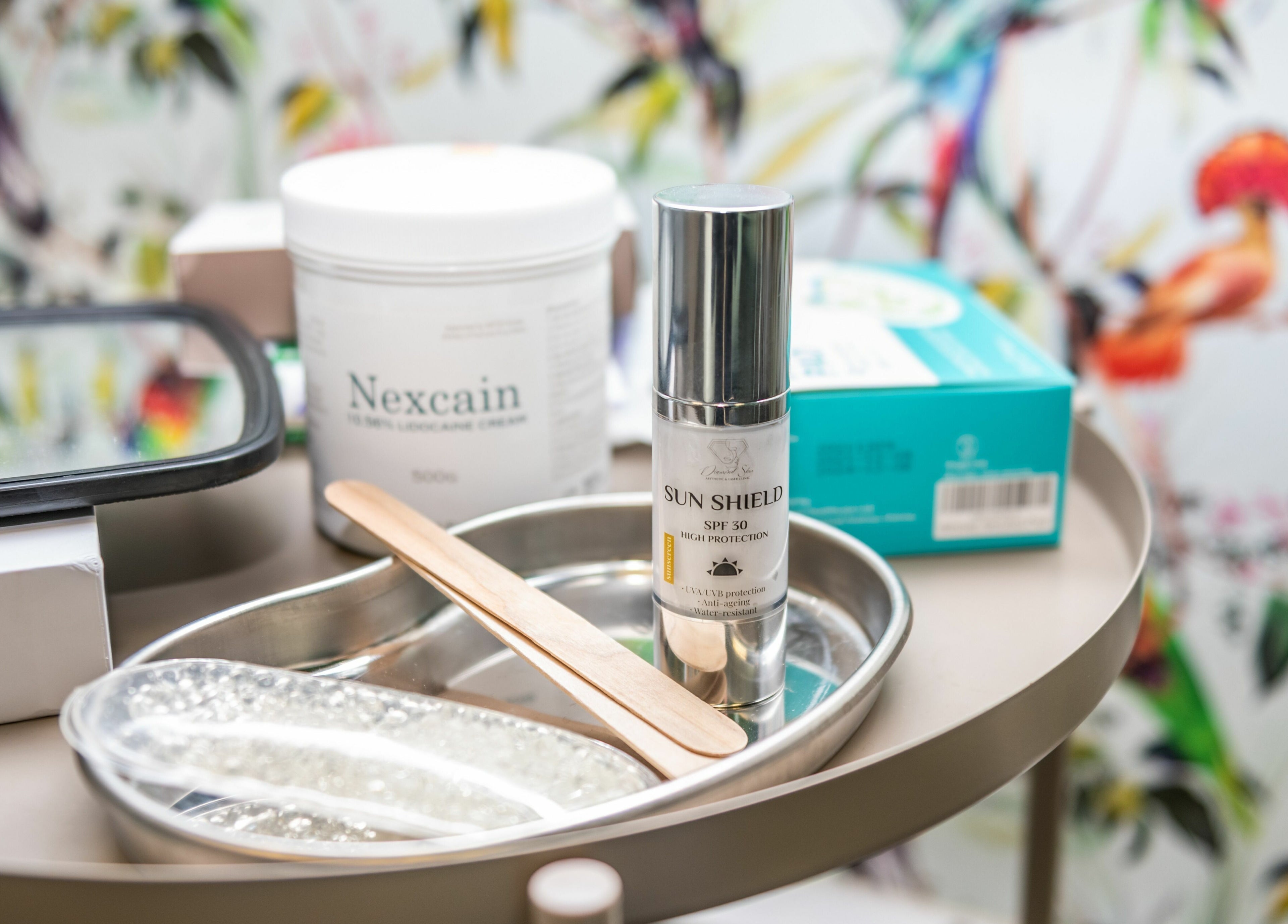 Beauty products at Diamond Skin - Doctor Led Aesthetic and Laser Clinic, Wembley, England, GB on a stylish table.