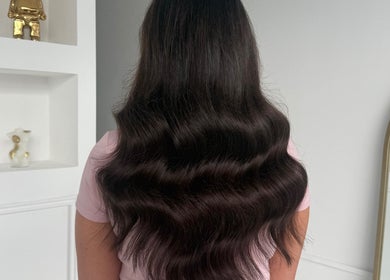 Elegant long dark hair extensions at BellaBonds Hair Extensions, Tynemouth, England, GB.