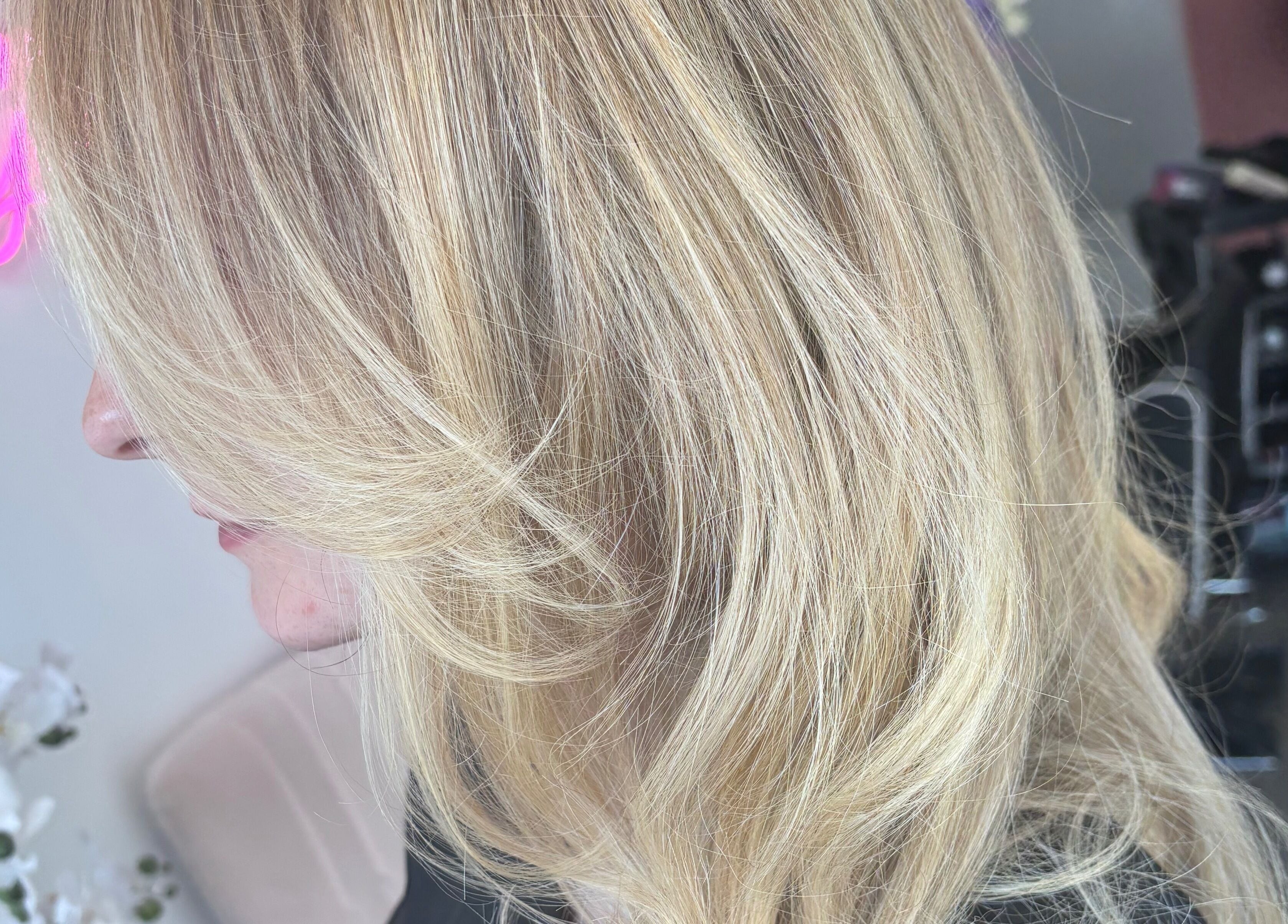Blonde hair styled at Emily Sinclair Hair, Congleton, England, GB, showcasing sleek, vibrant highlights.