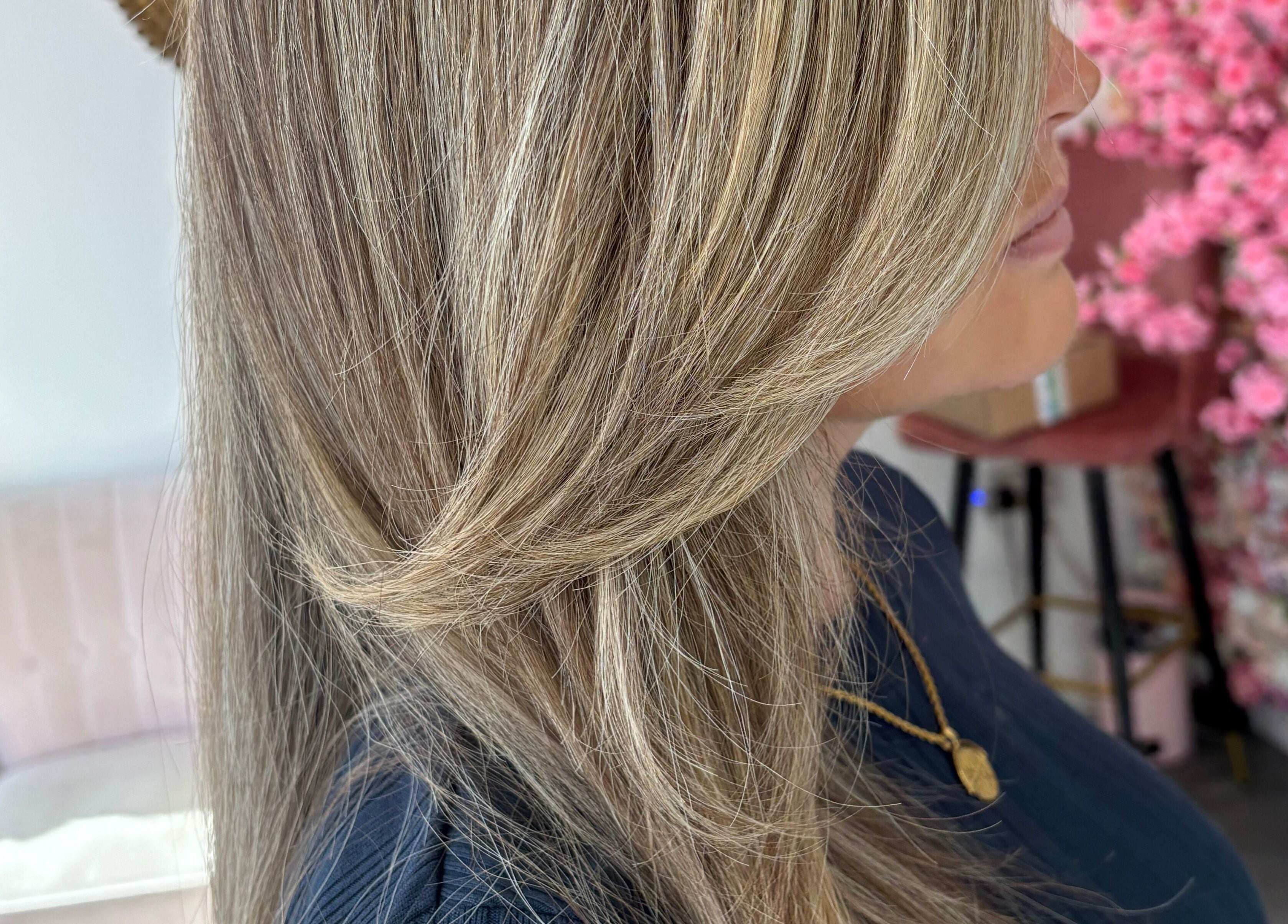 Highlighted hair styled elegantly at Emily Sinclair Hair, Congleton, England, GB.