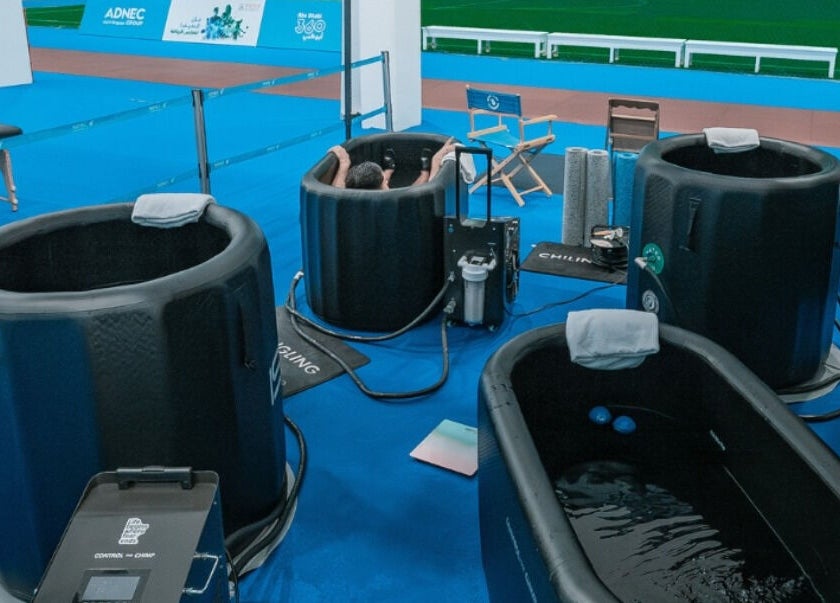 Relaxing in Celsius Cold Water Immersion tubs at Abu Dhabi venue, Abu Dhabi, AE.