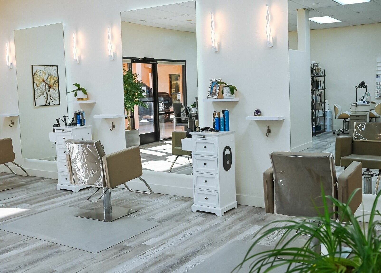 Chic interior of A Borgata Salon in Prescott, Arizona, US, showcasing stylish salon chairs and decor.