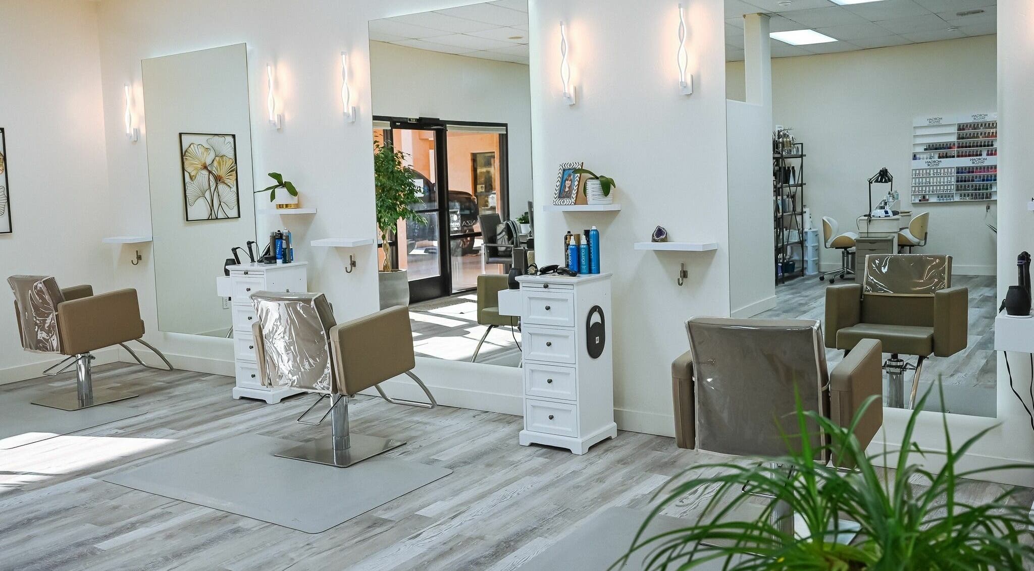 Chic interior of A Borgata Salon in Prescott, Arizona, US, showcasing stylish salon chairs and decor.