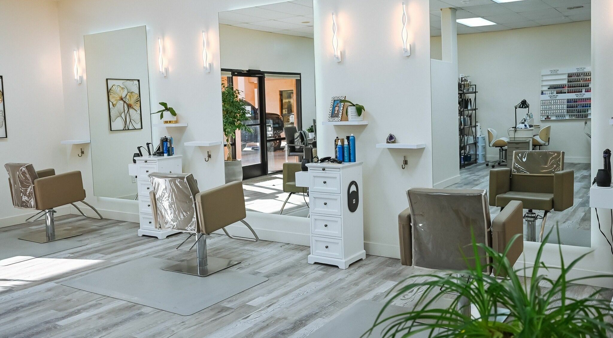Chic interior of A Borgata Salon in Prescott, Arizona, US, showcasing stylish salon chairs and decor.