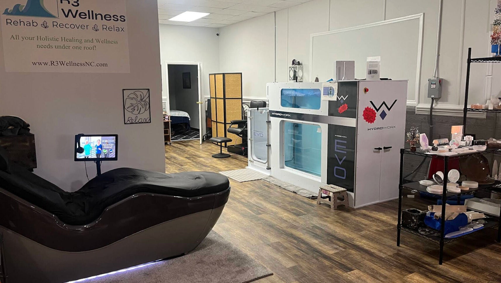 Relaxing hydrotherapy space at R3 Wellness, Durham, North Carolina, US, showcasing advanced healing equipment.