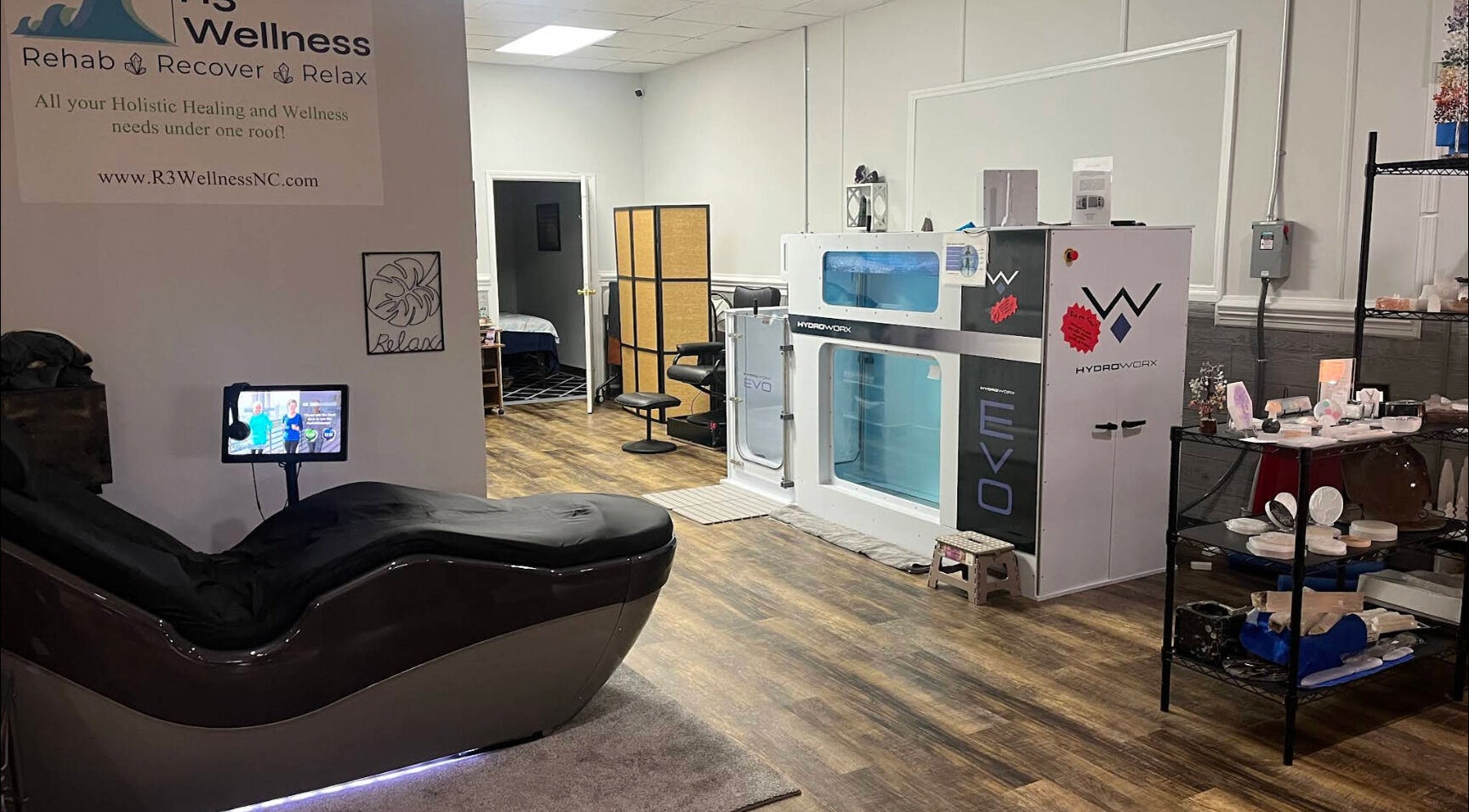 Relaxing hydrotherapy space at R3 Wellness, Durham, North Carolina, US, showcasing advanced healing equipment.