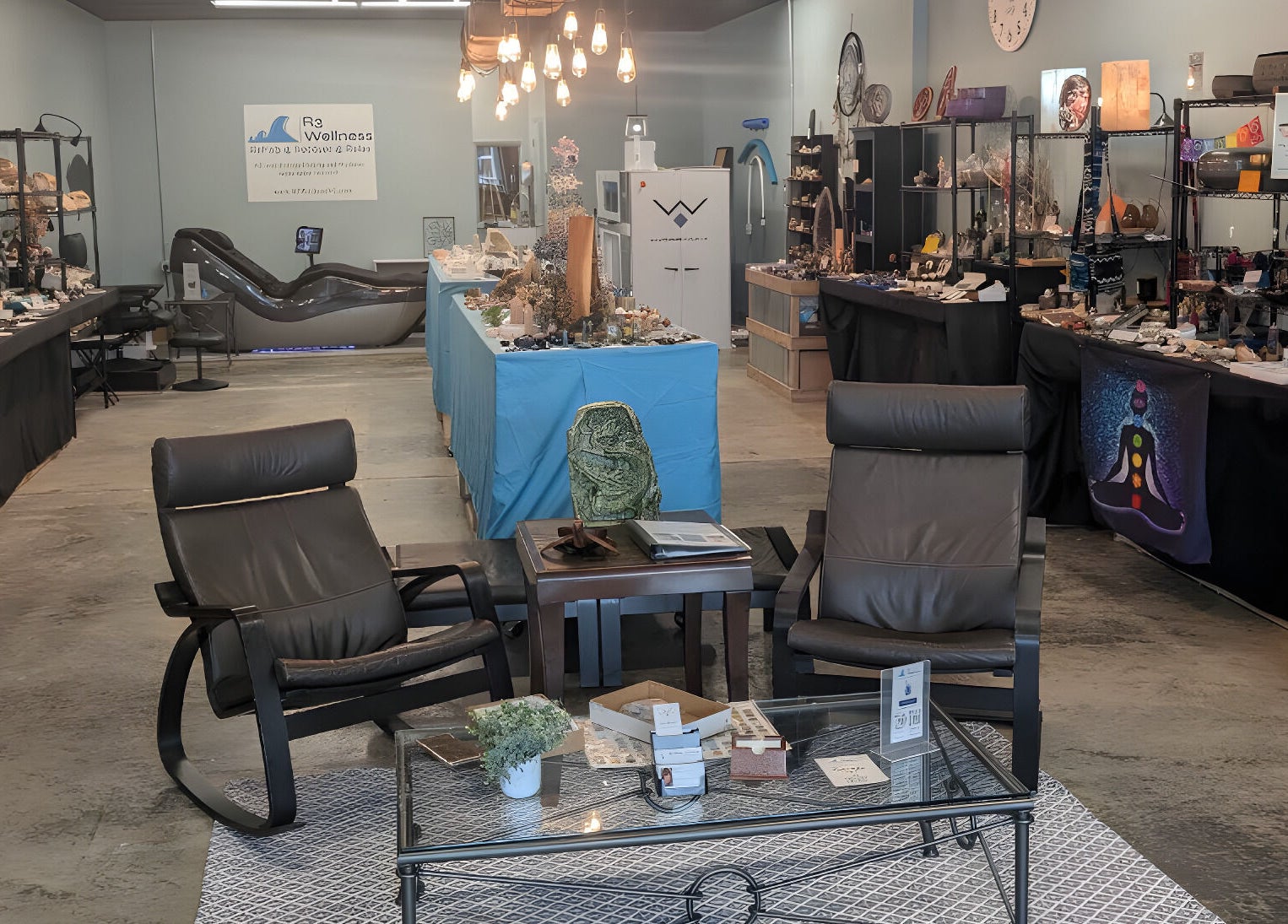 R3 Wellness interior showcasing wellness products and cozy seating in Durham, North Carolina, US.