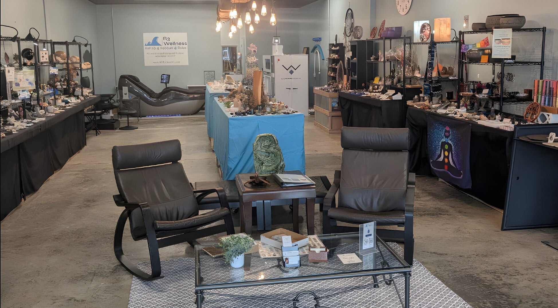 R3 Wellness interior showcasing wellness products and cozy seating in Durham, North Carolina, US.