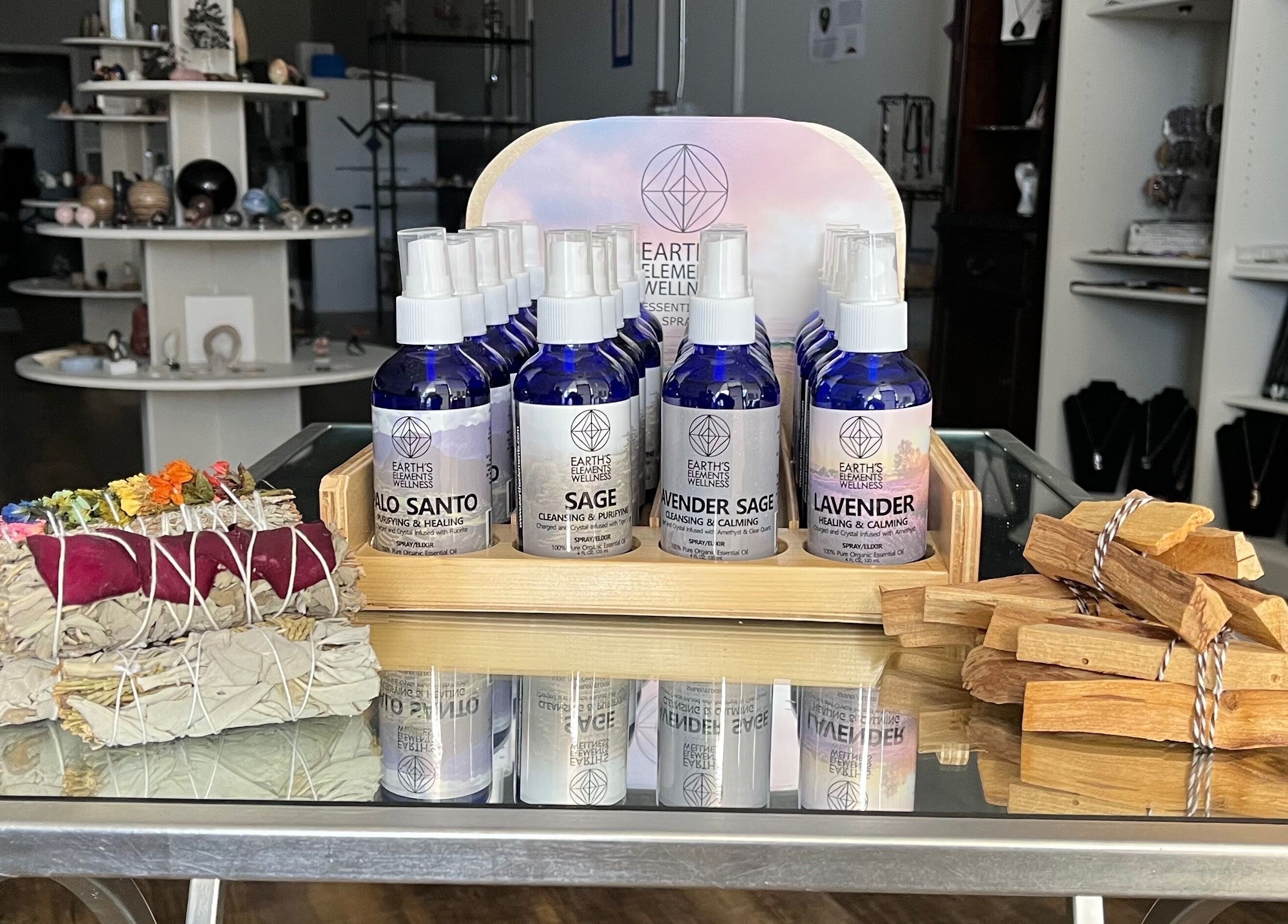 Aromatic sprays and sage bundles at R3 Wellness in Durham, North Carolina, US.