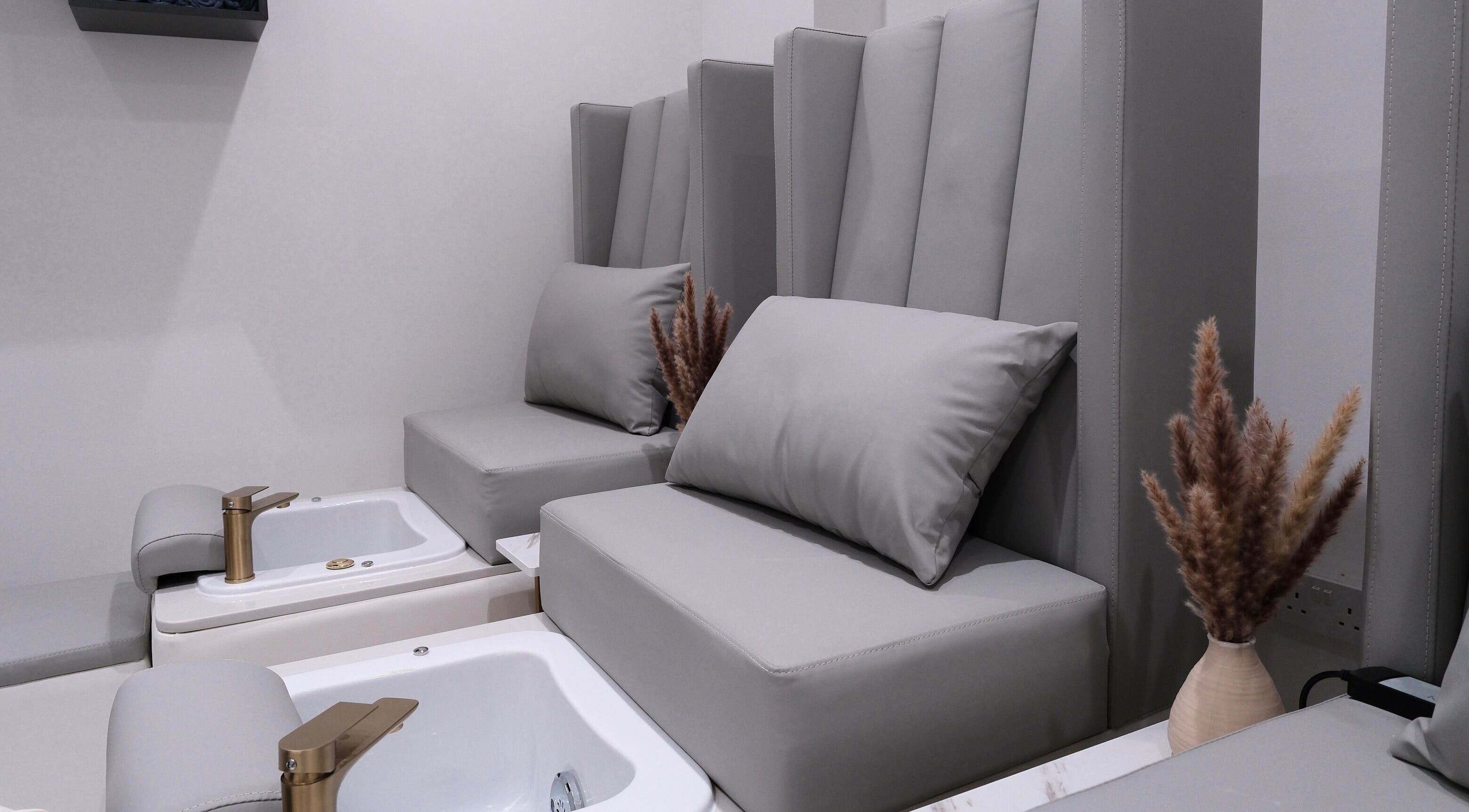 Luxurious pedicure chairs at Abby Nails Leyton, London, England, GB, showcasing elegance and comfort.