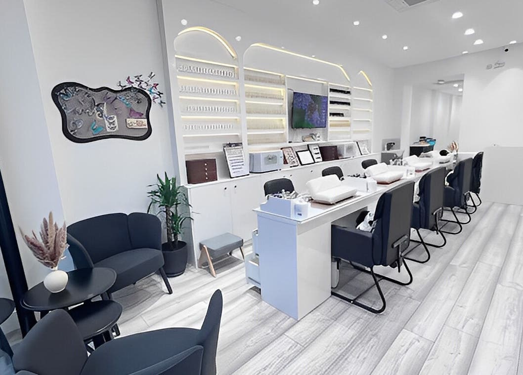 Modern interior of Abby Nails Leyton, London, England, GB with sleek design and elegant seating.