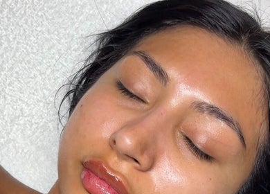 Relaxed client with glowing skin at Lashesxbeautybar, Vaughan, Ontario, CA.