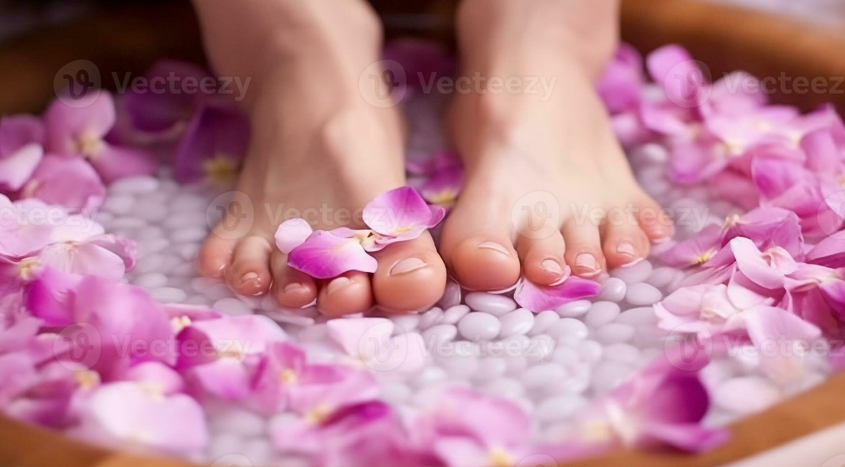 Relaxing foot soak with pink petals at Selenite Beauty, Parksville, British Columbia, CA.
