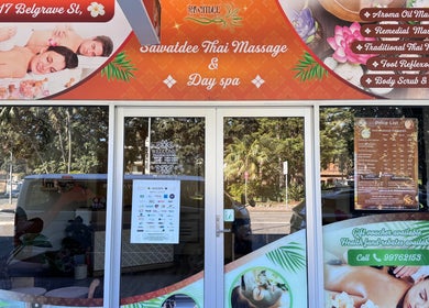 Exterior signage of SAWATDEE THAI MASSAGE DAY SPA AT MANLY in Manly, New South Wales, AU.