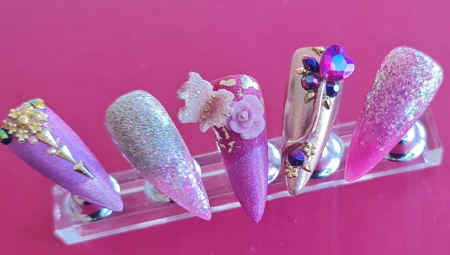 Elegant nail art at The Alchemy Lounge, Blackpool, England, GB, showcasing intricate and colorful designs.