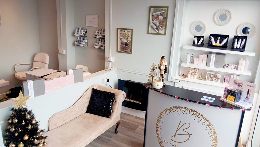 Elegant reception area at Bon Visage Aesthetics Ltd in Shepshed, Loughborough, England, GB with decor and products.