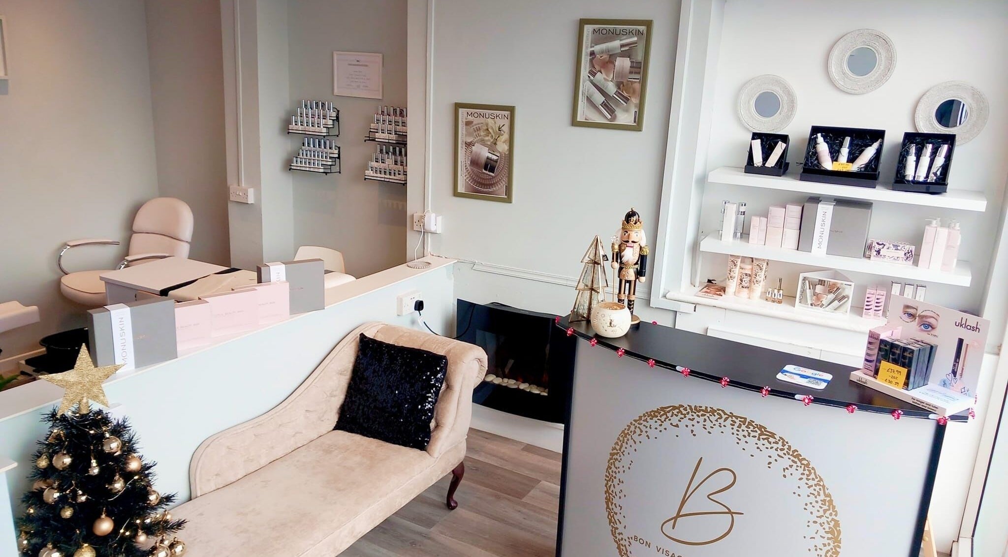 Elegant reception area at Bon Visage Aesthetics Ltd in Shepshed, Loughborough, England, GB with decor and products.