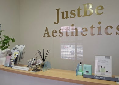 Reception of JustBe Aesthetics Skin Clinic in Cape Town, Western Cape, ZA showcasing products and decor.