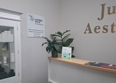 Welcoming reception at JustBe Aesthetics Skin Clinic, Cape Town, Western Cape, ZA with elegant design.